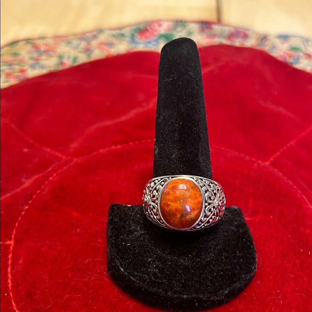 925 Silver Ring with Orange Spiny Oyster Shell Stone Size 10